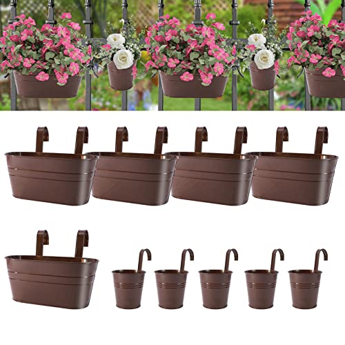 HowRU Metal Iron Flower Pots for Railing Fence Hanging Bucket Pots(5 Pcs) and Hanging Flower Pots Metal Iron Bucket Planter(10 Pcs) (Bronze) - color: Bronze