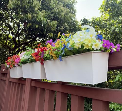 Metal Railing Planter, 16 Inch Rectangular Window Box with Adjustable Brackets, Drainage Holes, for Balcony Deck, 4 Pack (White, Rectangular) - color: White