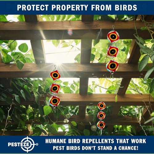 PESTEZE USA Bird Deterrent Discs 3 Pack–Holographic Reflective Circles with Predator Eyes & Bell to Scare Birds Away–Humane Repellent Keeps Birds, Pigeons, Crows & Sparrows from Gardens, Trees, Patios