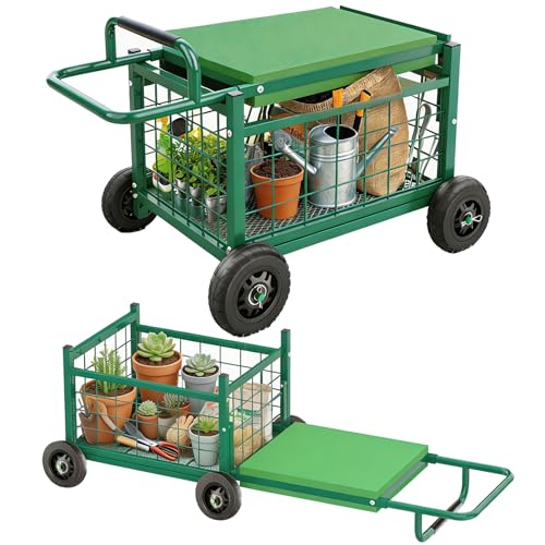 Extra-Large Rolling Garden Cart and Kneeler, 4-in-1 Garden Seat with Wheels