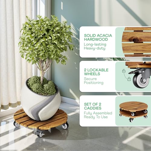 IDZO 2PCS Acacia Round Plant Caddy, 360° Lockable Wheels, Natural, 14-Inch - color: Round Wood Natural, size: 14 Inch