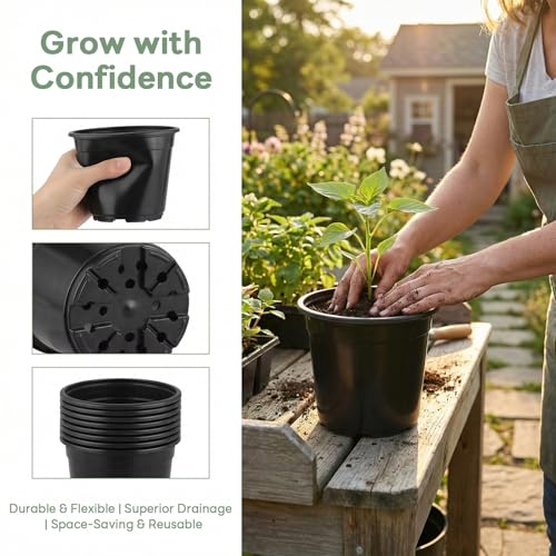 MOUYAT 30 Pcs 1 Gallon Nursery Pots for Plants, 6.5 inch Soft Flexible Plastic Plant Pots with Drainage Holes, Nursery Seedling Pots for Transplanting, Plantings, Black