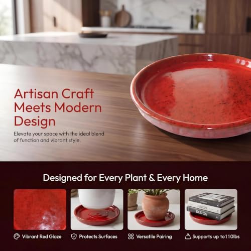 11.4 Inch Ceramic Plant Saucer, Rainforest Red - color: Rainforest Red