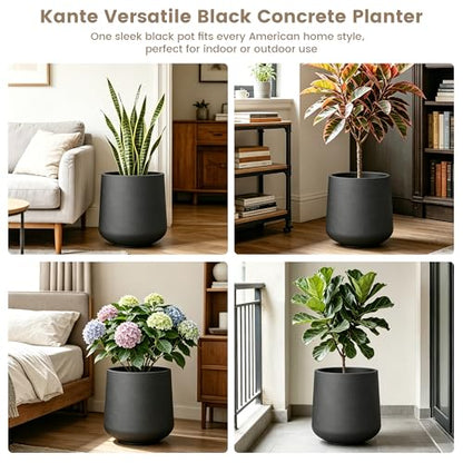 Kante Accent Round Curved Black Concrete Planter 13" Dia, Outdoor - color: Burnished Black, size: 11.6" D