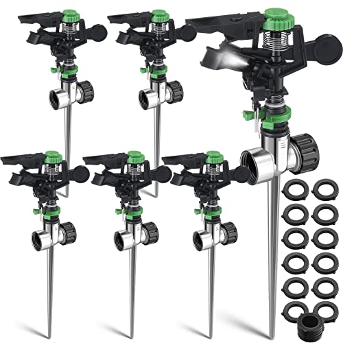 6 Pieces Pulsating Sprinklers with Metal Spike, Adjustable Rotating Impact Sprinkler Large Area Coverage Sprinklers for Yard Lawn Garden Above Ground Sprinkler System (Black and Green)
