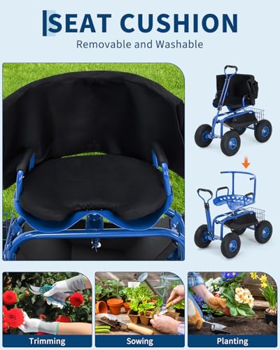 Heavy Duty Rolling Garden Work Seat – 360° Swivel Adjustable Stool, Extendable Handle, 10" All-Terrain Wheels, 400 lbs Capacity, Steel Double Frame with Backrest & Armrest – Blue - color: Blue, size: With Backrest
