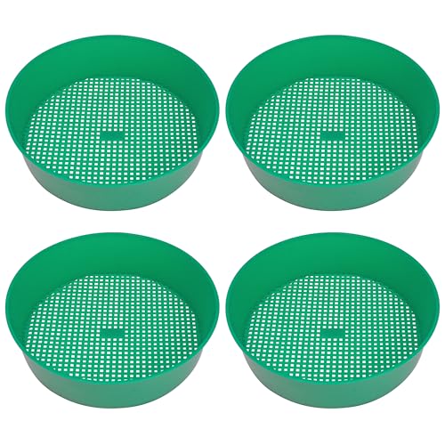 4pcs Sifter for Rocks, Sifting Pan, Fossil Soil Sieves Screen for Gardening, Fine Classifier Compost Strainer, Round Plastic Riddle Work Tray Small Set for Dirt Sand Mealworm Casting Gravel, Green
