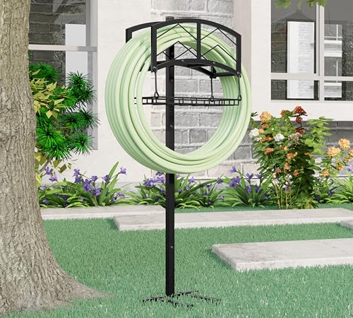Kingson Portable Garden Hose Holder with Storage Basket - Heavy-Duty Black Steel Construction, Holds 150FT Hose, Freestanding & Detachable Design with Tools for Easy Assembly