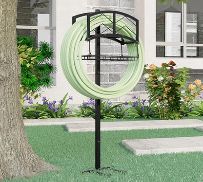 Kingson Portable Garden Hose Holder with Storage Basket - Heavy-Duty Black Steel Construction, Holds 150FT Hose, Freestanding & Detachable Design with Tools for Easy Assembly