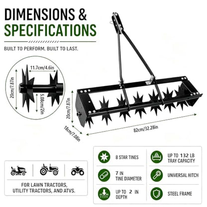 32 Inch Tow Behind Aerator, 132 LBS Heavy Duty Rolling Lawn Aerator