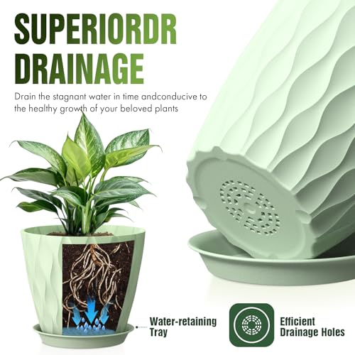 8 Inch Plant Pots 4 Pack Plastic Planters with Drainage & Saucers - color: Green