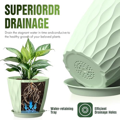8 Inch Plant Pots 4 Pack Plastic Planters with Drainage & Saucers - color: Green