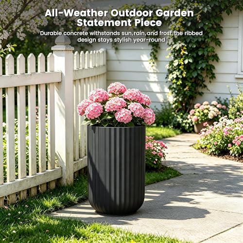 Kante Large Round Column Black Concrete Planter 21.7" Tall, Outdoor - color: Black, size: 14"w x 21.7" h