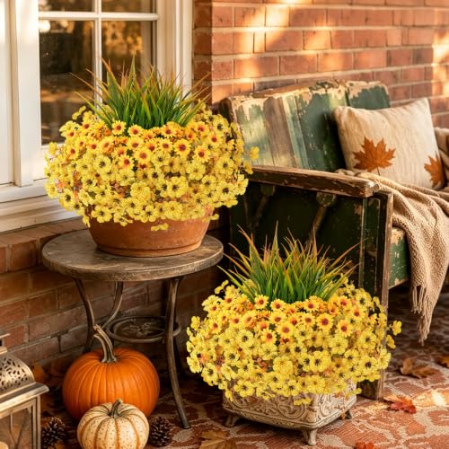 18 Pcs Artificial Fall Flowers for Outdoor, UV Resistant Fake Mums & Grass - color: Yellow