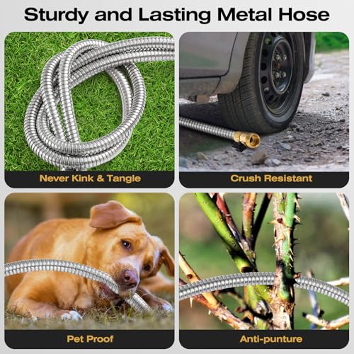 25FT Stainless Steel Metal Garden Hose - Lightweight, Kink-Free & Tangle-Free, Flexible with Brass Fittings, On/Off Valve, Pet Proof, Puncture Proof for Yard, RV, Car Washing (Silver) - color: Silver, size: 25 FT