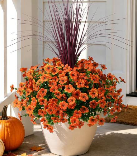 HyeFlora Artificial Fall Flowers for Outdoor Decoration, 13 Bundles Faux Silk Colorful Mums Grass UV Resistant Realistic Fake Flowers for Home Porch Patio Yard Window Box (Orange) - color: Orange
