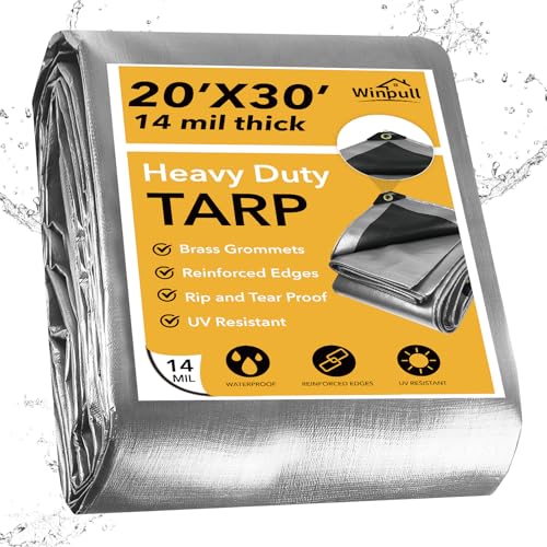 Winpull Heavy Duty Tarp 14 Mil Tarp Waterproof Silver 20x30 FT, UV Resistant Poly Tarp with Reinforced Grommets for Camping, Boat Cover, Patio Furniture, Roof, Firewood Pile - color: Silver/Black-14mil, size: 20'x30'
