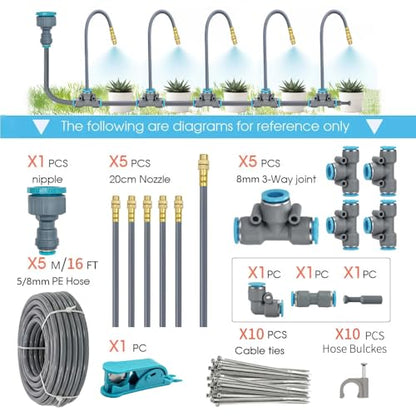 Drip Irrigation System, 16Ft 5/16 Inch Hose, 5 Adjustable Copper Nozzles, Automatic Atomizing Watering Kit for Greenhouse, Outdoor, Raised Bed, Lawn - size: 16FT