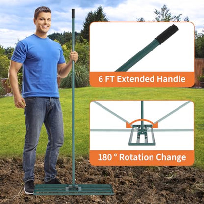 Lawn Leveling Rake, 30" x 10" Heavy Duty Steel Lawn Leveler Tool with 6 FT Extended Handle, Level Soil Sand Dirt for Yard, Garden, Golf Course, Farm, Green - color: Green, size: 6FT 30"x10"
