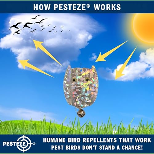 PESTEZE USA Owl Bird Deterrent Reflective Hanging Decoy Repellent with Bell, 4 Pack 3.5 x 5 in Shiny Scare Device Keep Birds Away Outdoor Porch Garden Yard Patio Protect Property