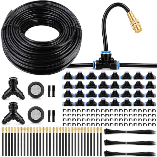 Garden Misting System, 200FT 1/4" Irrigation Tubing with 32 Adjustable Brass Sprinkler Heads, 360° Micro Sprinkler Watering Kit for Raised Beds, Vegetable Garden, Greenhouse & Outdoor Plants - size: 200FT