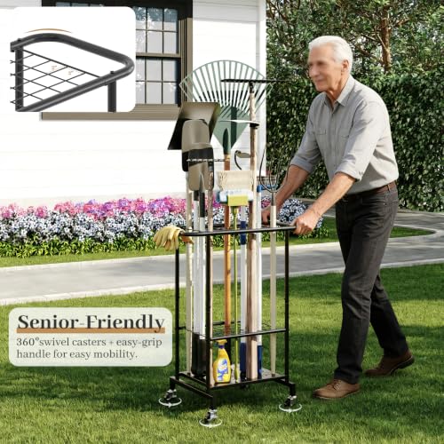 Garden Tool Organizer with Wheels, Heavy Duty Metal Garage Tool Storage Rack, Yard Tool Holder for Long-Handled Tools, Rakes and Brooms, Indoor and Outdoor Use for Shed, Patio - style: Tool Rack with Wheels