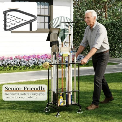 Garden Tool Organizer with Wheels, Heavy Duty Metal Garage Tool Storage Rack, Yard Tool Holder for Long-Handled Tools, Rakes and Brooms, Indoor and Outdoor Use for Shed, Patio - style: Tool Rack with Wheels