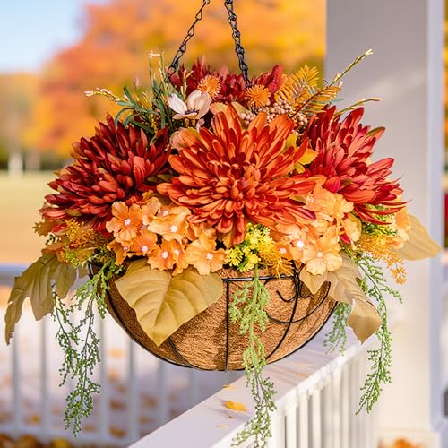 HyeFlora Artificial Fake Hanging Mums Flowers Plants Baskets for Outdoor Outside Decoration, Faux Silk Orange Flower Chrysanthemum UV Resistant Realistic for Porch Patio Balcony Yard Decor