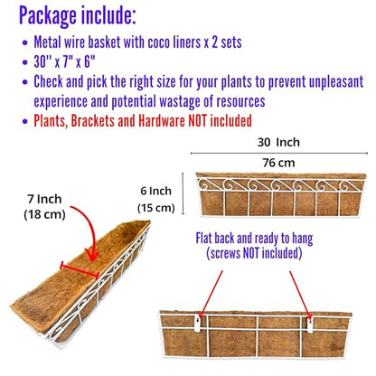 LaLaGreen Fence Window Box (30 in, 2 Pack) White Metal Trough Planter - size: 30" (76cm) x 2 pack
