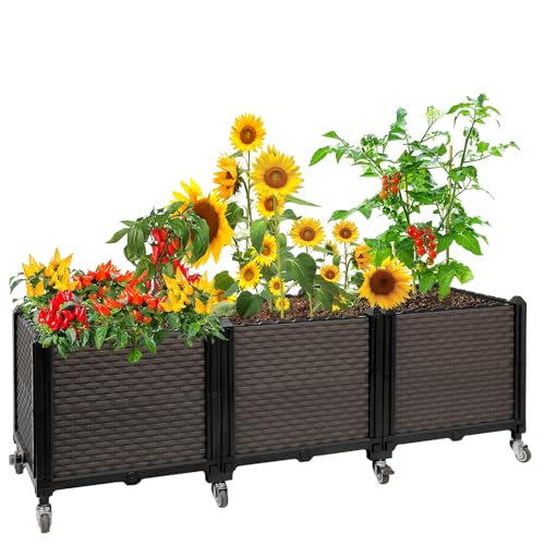 Raised Plant Box with Wheels 47.2"x15.7"x16.1", Raised Beds for Gardening Self Watering, Durable Metal Lockable Casters, Rectangular Garden Planter Perfect for Garden Patio Balcony Deck - size: L 47"xW 16"xH 16"
