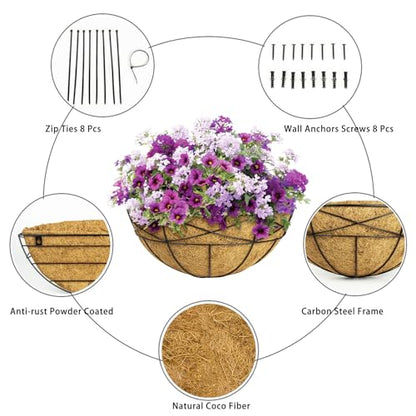 4 Pack 16 Inch Window Boxes Planters Railing Planter Box with Coco Liners Deck Railing Planter Boxes Balcony Hanging Flower Box Wall Mounted Half Round for Outdoor Plants Garden Decor - size: 16 Inch