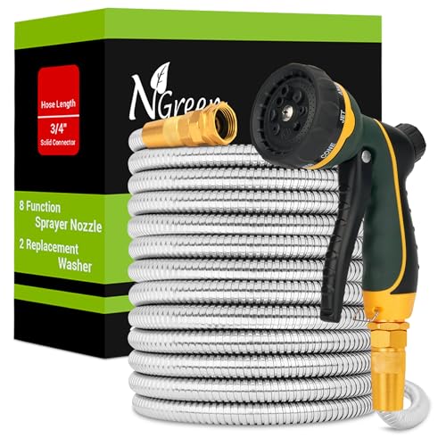 Garden Hose Metal 50FT – Heavy Duty 304 Stainless Steel Water Hose with 8-Pattern Nozzle, Lightweight, Flexible, Puncture Proof, Kink-Free, High Pressure, Solid Metal Fittings for Yard, Outdoors, RV - size: 50FT