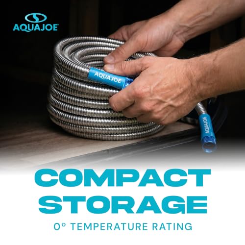 Aqua Joe 50-Foot Heavy Duty Garden Hose, Spiral 304 Stainless Steel Metal Hose, Puncture Proof, 1/2 Inch Diameter with Aluminum Fittings, AJSGH50