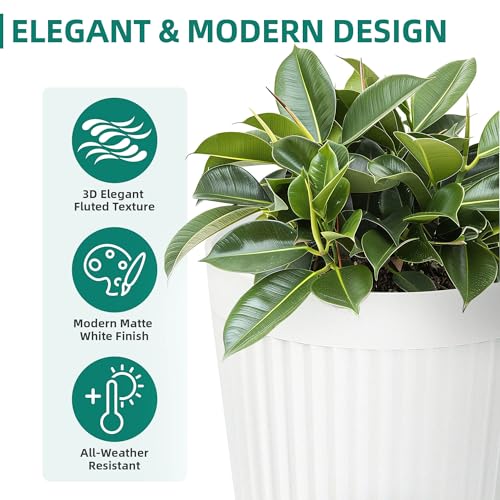 Autodaya 20" Tall Fluted Resin Planters Set of 2 with Drainage Holes - color: White Fluted-20"h
