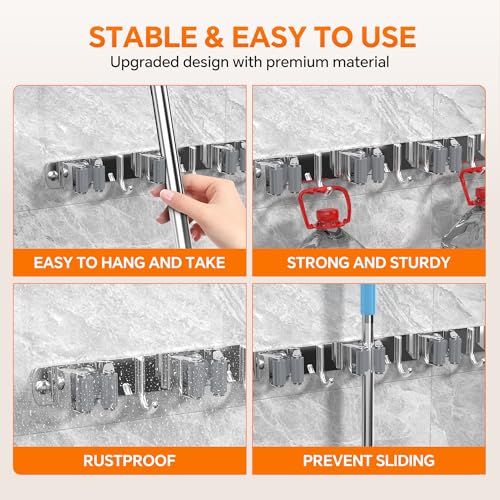 5 Grippers Broom Holder Wall Mount with 4 Hooks Stainless Steel, Silver - color: A-Silver, size: 5PCS Gripper