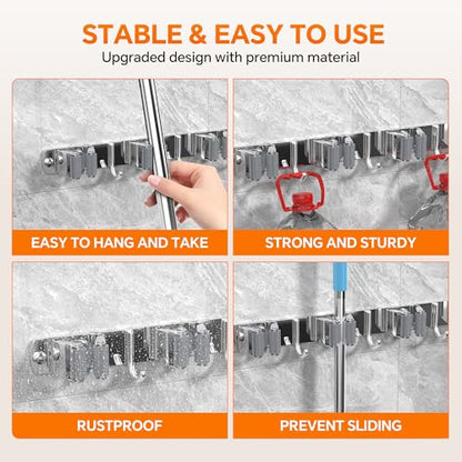 5 Grippers Broom Holder Wall Mount with 4 Hooks Stainless Steel, Silver - color: A-Silver, size: 5PCS Gripper