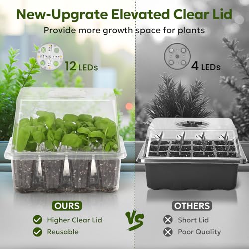 MIXC 4 Pack Seed Starter Kit with Grow Light, Humidity Dome, Transparent - color: Transparent, size: 12 Cells With Light-4 Packs