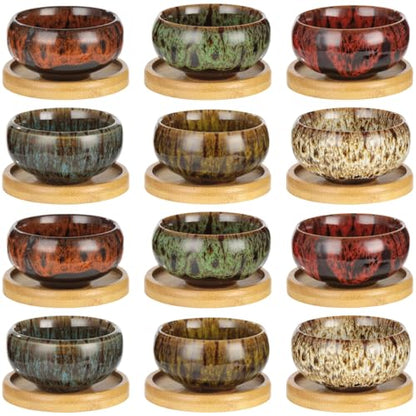 OMISTAR 12 PCS Mini Ceramic Succulent Pots 2.5 in, Colorful Glazed Planters with Drainage Hole, Small Round Flower Pots with Bamboo Trays, Indoor Desktop Windowsill Plant Pot Set