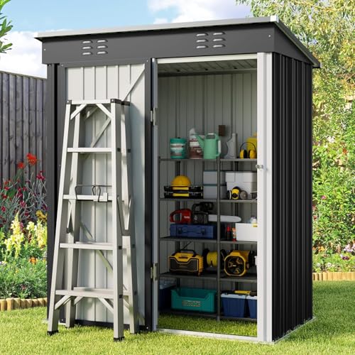 Gizoon 5x3 FT Outdoor Shed, Galvanized Metal Shed Lockable Door, Dark Gray - color: Dark Gray, size: 5' x 3' FT/Sloped-roof