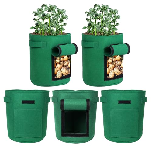 5-Pack 10 Gallon Grow Bags with Harvest Window - Thickened Fabric Plant Pots for Vegetables, Potato, Tomatoes & Carrots | Indoor/Outdoor Gardening Containers with Reinforced Handles Green - size: 10GAL-GRN