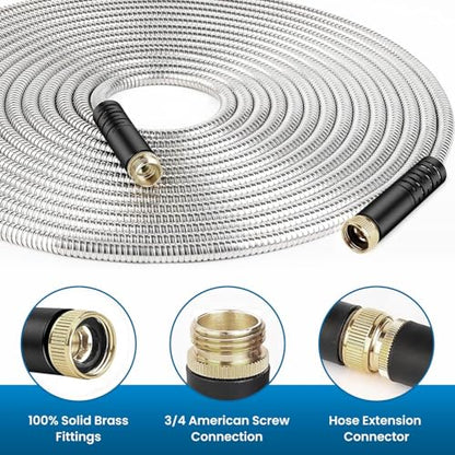 Garden Hose 100FT, Water Hose with 10 Function Nozzle, Garden Hose Metal with Leak-proof Connectors, Kink-Free & Ultra Flexible, Rust/Puncture Proof for Lawn, Yard, RV, Car Wash, 550PSI - size: 100 FT