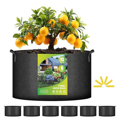 iPower Plant Grow Bag 15 Gallon 6-Pack Heavy Duty Fabric Pots, 300g Thick Nonwoven Fabric Containers Aeration with Nylon Handles, for Planting Vegetables, Fruits, Flowers, Black 2024 Version - color: Black, size: 15 Gallon
