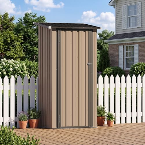 Aoxun Outdoor Storage Shed with Floor - Vertical Cabinet, 3x3 FT Metal Shed with 2 Adjustable Shelves & Lockable Doors Waterproof Tools Shed for Backyard, Garden, Patio, Lawn (Brown) - size: 3' x 3'