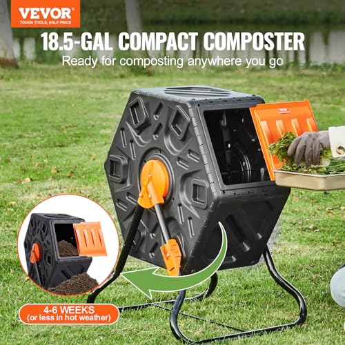 VEVOR Compost Bin, 18.5-Gal Small Composting Tumbler, Compact Single Rotating Chamber with Sliding Door and Steel Frame, BPA Free Composter Bin Tumbler for Garden, Kitchen, Yard, Outdoor - size: 18.5 Gal