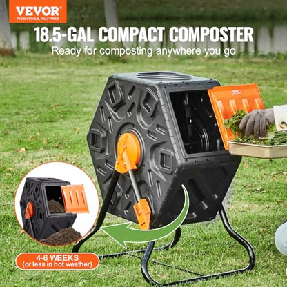 VEVOR Compost Bin, 18.5-Gal Small Composting Tumbler, Compact Single Rotating Chamber with Sliding Door and Steel Frame, BPA Free Composter Bin Tumbler for Garden, Kitchen, Yard, Outdoor - size: 18.5 Gal
