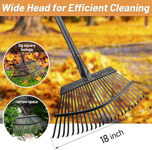 Garden Leaf Rake, 18 in Wide Head, 25 Steel Tines, Adjustable to 74 in - color: silver, size: 25tine