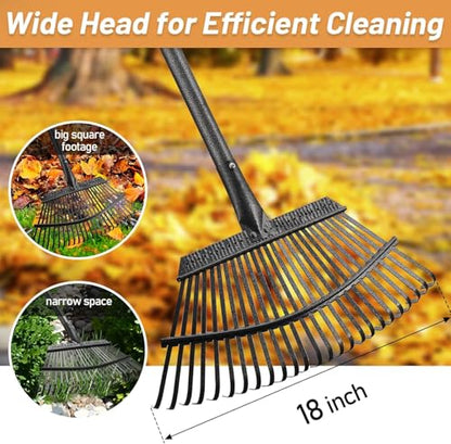 Garden Leaf Rake, 18 in Wide Head, 25 Steel Tines, Adjustable to 74 in - color: silver, size: 25tine