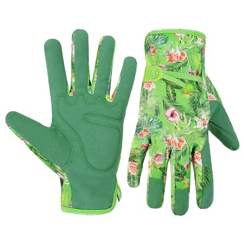 HANDLANDY Work Gloves for Women, Breathable Leather Gardening Glove for Yard Maintenance, Hand Protection with Touch Screen - color: Flower Green, size: Small (Pack of 1)