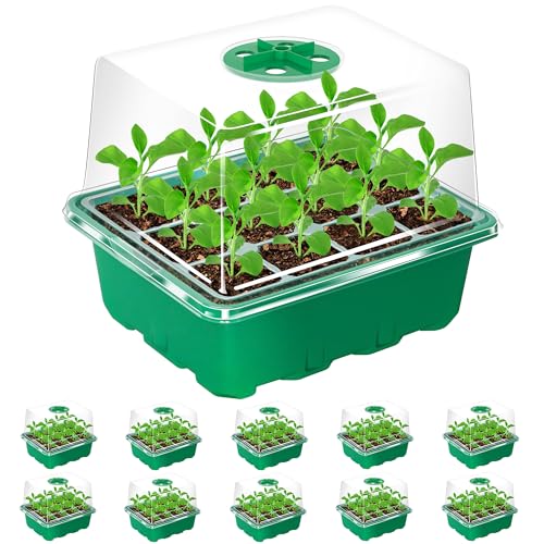 Bonviee 10-Pack Seed Starter Trays, Tall Dome, Base, 12-Cell Tray, Green - color: Green, size: 10 Packs (120 Cells)