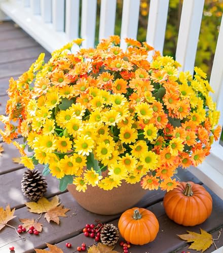 Daisy Artificial Flowers for Outdoors Summer Fall Decoration, 6 Bundles Fake Mums Silk Flowers for Outside Look Real UV Resistant Fake Plants Faux Flowers for Planter Front Door Home Indoor Porch, Mix - color: Mixed Colors(3 Yellow, 3 Orange)